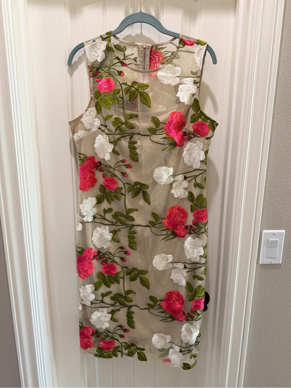 Calvin Klein Floral Embroidered Sheath Dress in Beige with Pink & White Roses